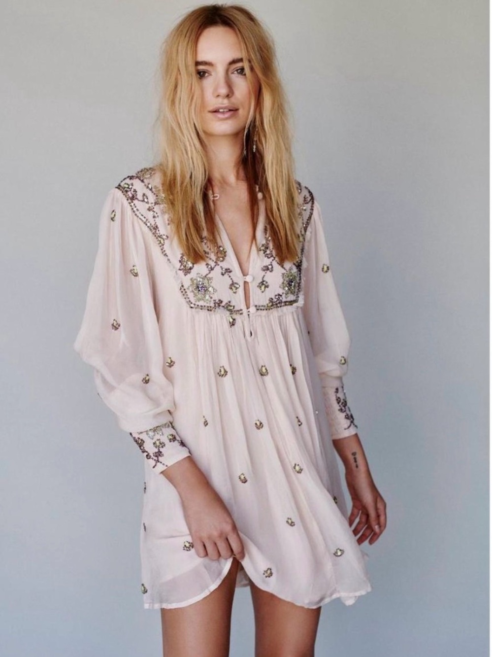 Free People Bali Golden Beaded Embroidered V-Neck Boho Mini Dress in Blush